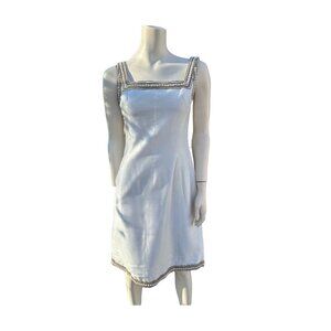 Late 50s Early 60s Frank Usher White Sheath Dress Square Neck Gold Soutache & Sh